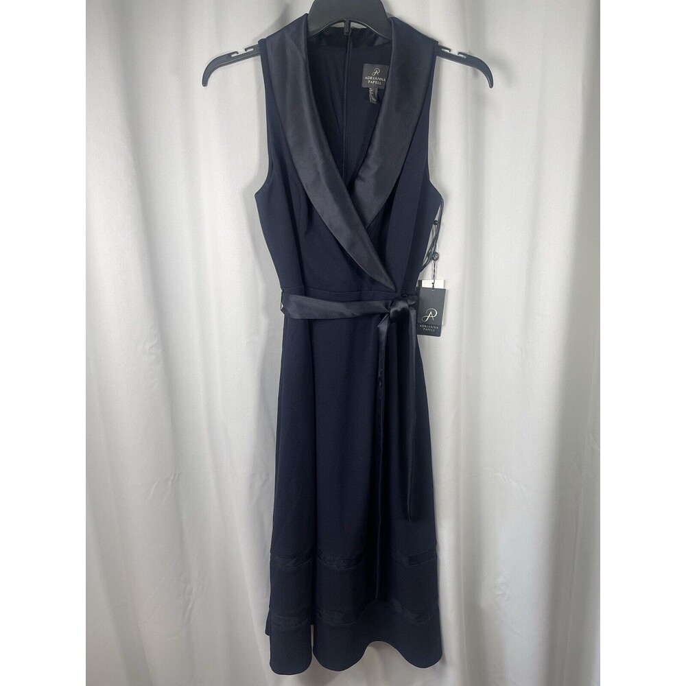 Adrianna Papell Stretch Knit Crepe MIDI Tuxedo Dress W/Inserts In Midnight Sz 6 - Picture 6 of 13